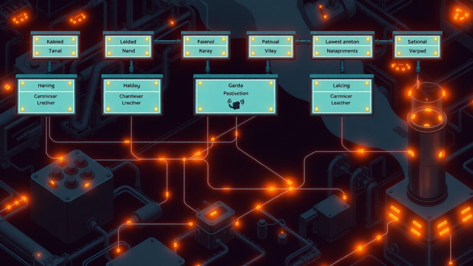 Labelled tag blocks connected across a plant schematic